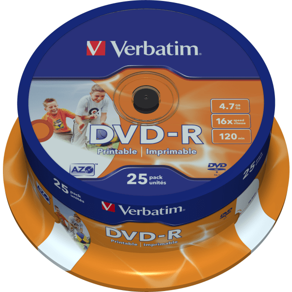 DVD-R, 16x, 4.7 GB/120 min, 25-pack spindel, AZO, printable
