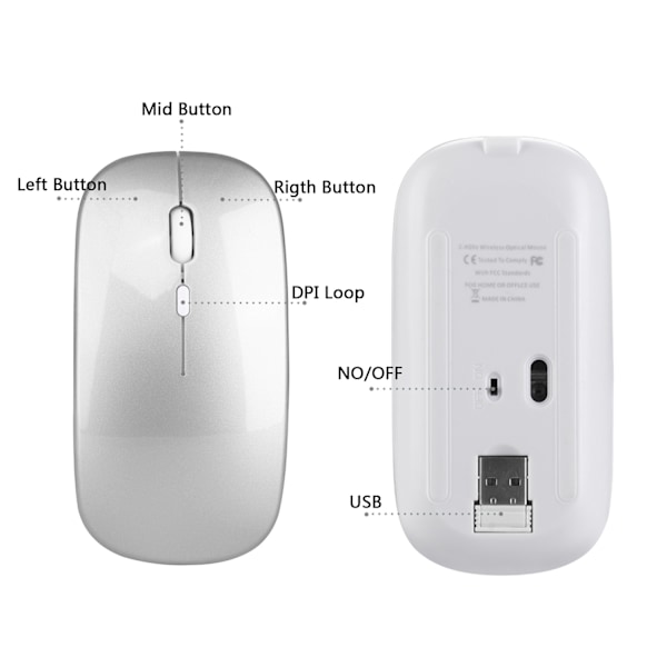 Trådlös Mus 2.4G - Tyst Optisk Datormus Silver Silver