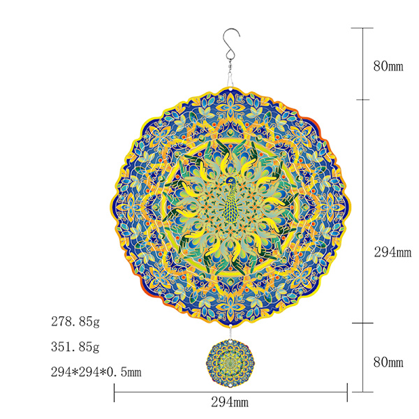 3D-roterande Mandala vindspel - Påfågeldesign