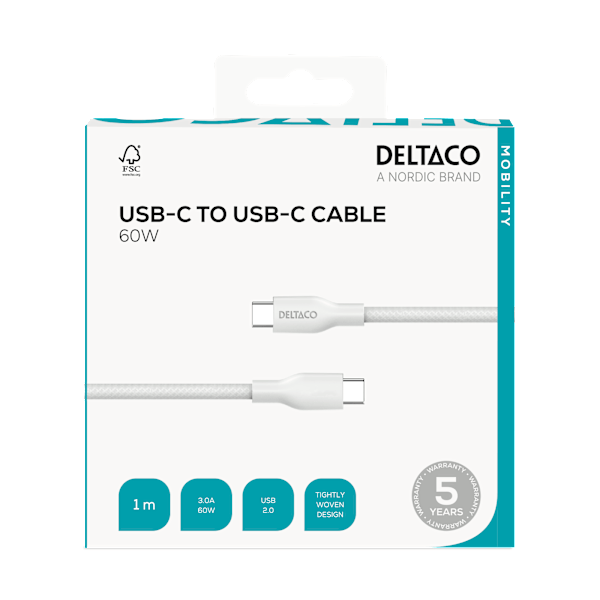 USB-C - C, 1m, USB 2.0, white braided, SPR 3A/60W