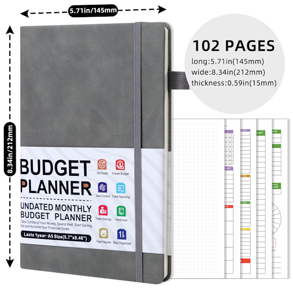 A5 Grå Anteckningsbok med Rem - PU Läder Journal för Planering och Budgetering Grå