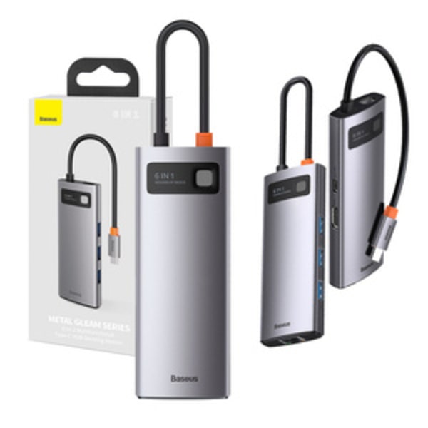 Hub 6in1 Baseus Metal Gleam Series, USB-C till 3x USB 3.0 + HDMI + USB-C PD + Ethernet RJ45