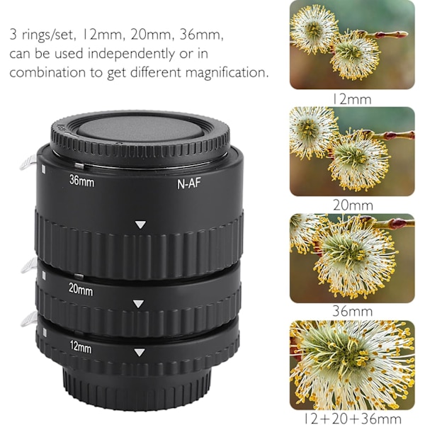 Auto-Focus Macro Extension Tube Set, 12mm 20mm 36mm Auto Focus Macro Extension Tube Adapter Ring för Nikon Svart