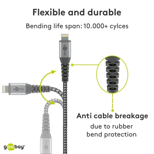 Lightning-USB-A textilkabel med metallkontakter, 1 m