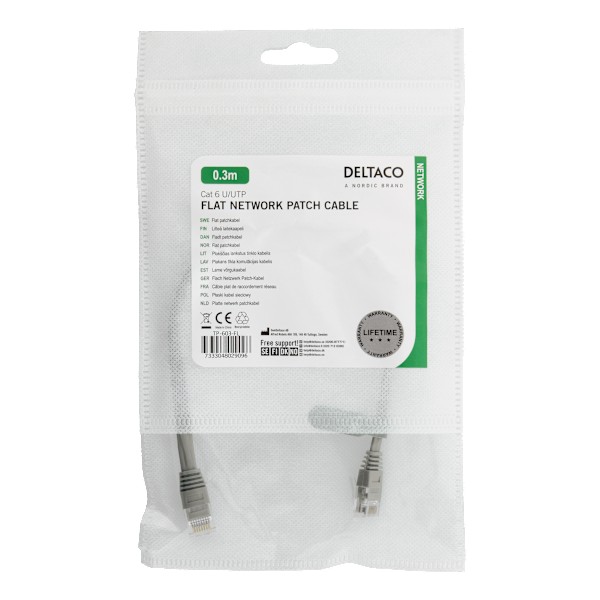 U/UTP Cat6 patch cable, flat, 0.3m, 250MHz, grey