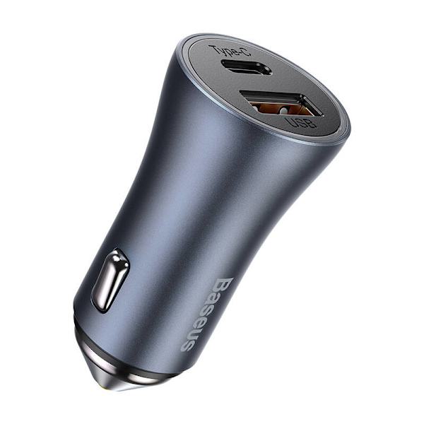 Ładowarka samochodowa Baseus Golden Contactor Pro, USB + USB-C, QC4.0+, PD, SCP, 40W (szara) + USB-kabel till USB-C 1m (