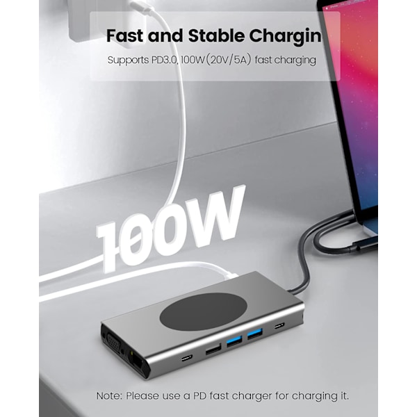 13-in-1 USB-C Hub -monitoimiadapteri HDMI:llä, VGA:lla, Ethernetillä, SD/TF-kortinlukijalla