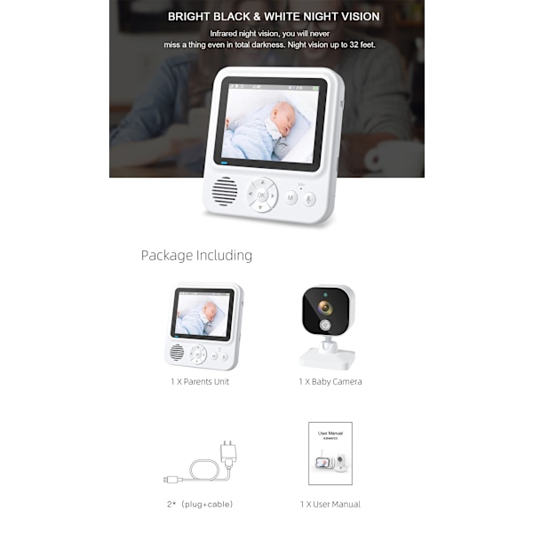 INF Videomonitor med kamera 2.4G-överföring, babyvakt med 2-vägsljud, infrarött mörkerseende