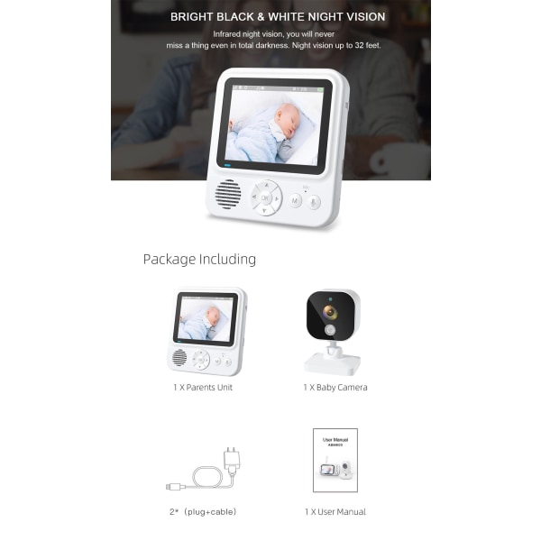 INF Videomonitor med kamera 2.4G transmission, 2-vejs lyd, infrarødt nattesyn