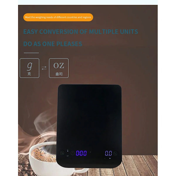 Mini digital kaffevægt med dobbelt timer, USB-C genopladelig, højpræcisionssensor, LED-display - Sort