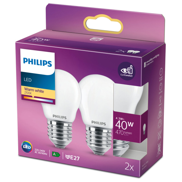 2-pack LED E27 P45 Klot 40W Frost 470lm