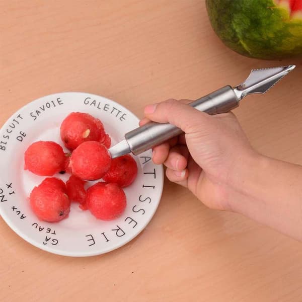 Skulpteringskniv och fruktskopa i rostfritt stål med dubbeländad design för fruktskärning och melonbollar