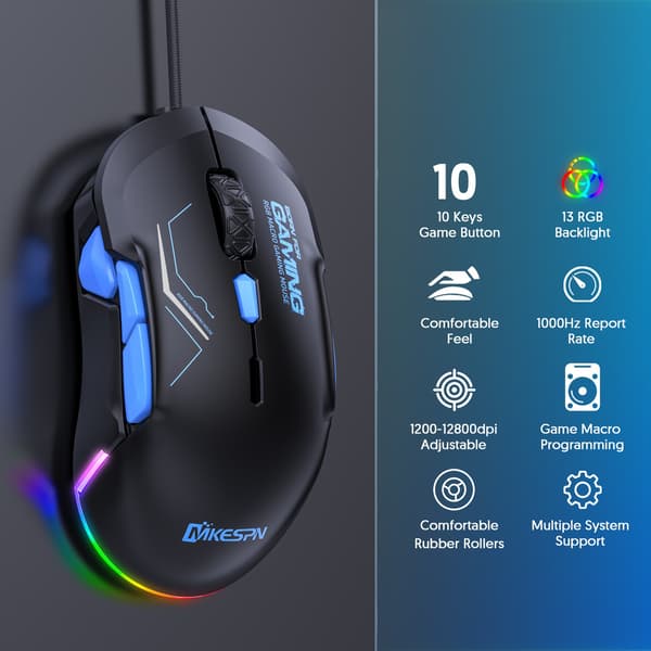 10-knaps RGB kablet mus med høj DPI og tilpasselig belysning Black+Red Black+Red