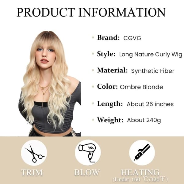 Lång Lockig Peruk med Bangs - Gyllene Syntetisk Värmebeständig Modeperuk
