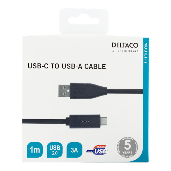 USB-C to USB-A cable, 1m, 3A, USB 2.0, black