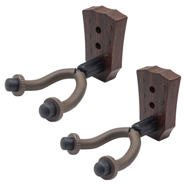 2-pack gitarrväggskrokar kompatibelt med akustiska gitarrer i brunt träutseende med ABS, metall och gummi Model 2