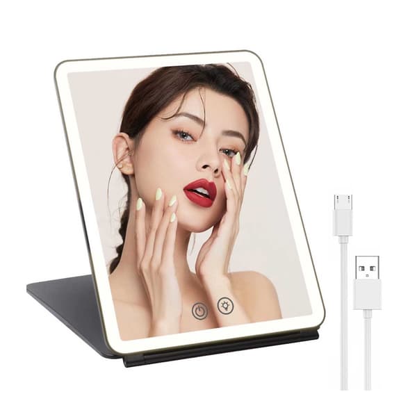 LED Foldbart Makeupspejl: Bærbart, Genopladeligt, Dæmpbart med Touch-kontrol og 3 Lysindstillinger Black Black