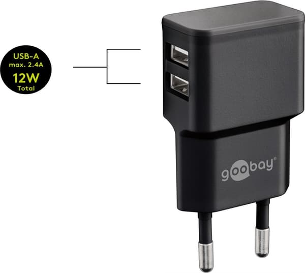 USB-A dubbel laddare (12 W) svart