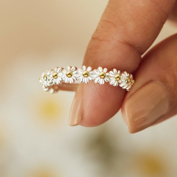 Justerbar öppen ring med blommor Tusensköna Silver