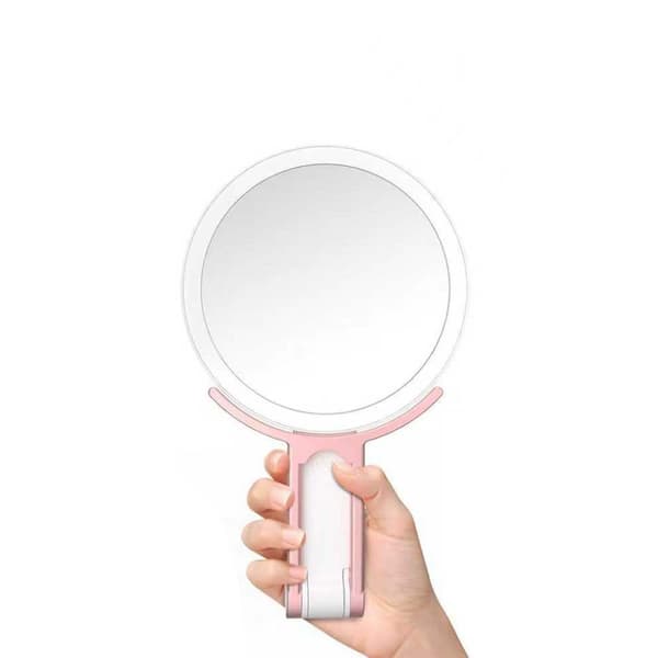LED Belyst Makeup Spejl med C-Formet Stativ - 10x Forstørrelse Lyserød