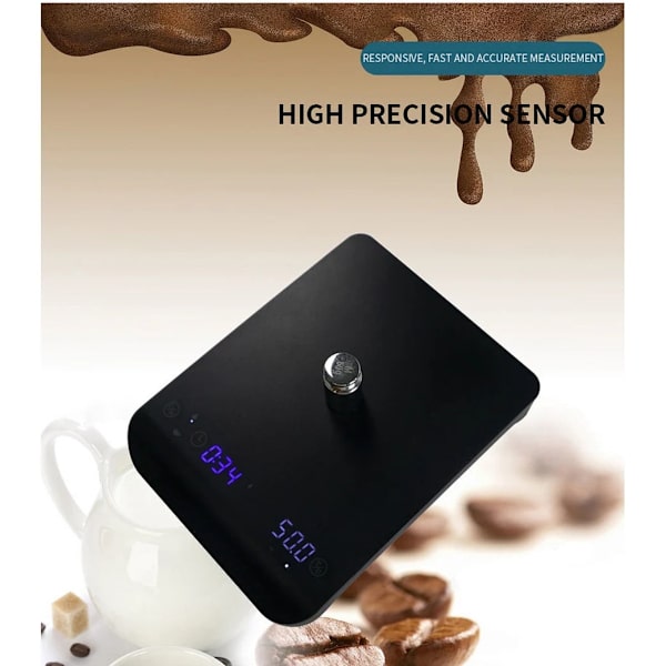 Mini digital kaffevægt med dobbelt timer, USB-C genopladelig, højpræcisionssensor, LED-display - Sort