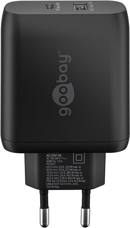 USB-C™ PD GaN dobbelt hurtigoplader (65 W) sort