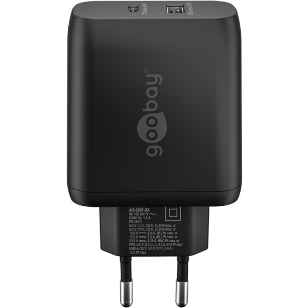 USB-C™ PD GaN dubbel snabbladdare (65 W) svart