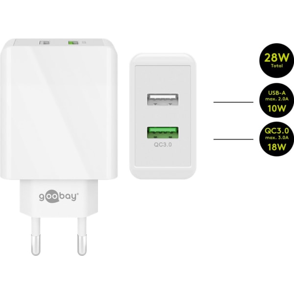 USB-A QC dubbel snabbladdare (28 W) vit