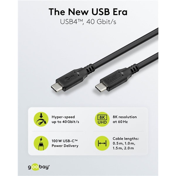 USB-C™-kabel, USB4™, 100 W, 40 Gbit/s, Power Delivery, 2 m