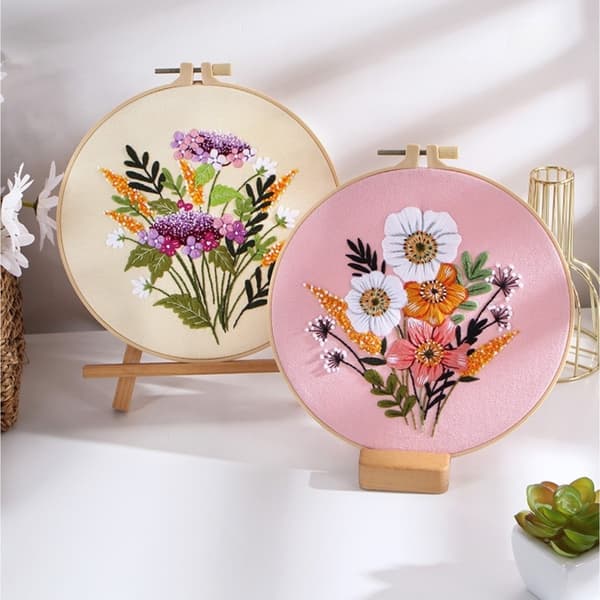 DIY Handbroderi Startpaket - 3 Set med Blommönster, Båge och Verktyg