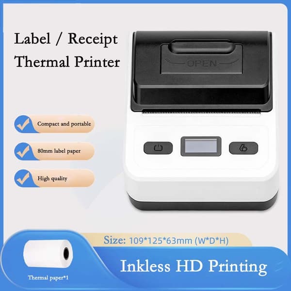 80mm Bærbar Bluetooth Termisk Etiketprinter - USB + Bluetooth Forbindelse, Kompatibel med Android, iOS og Windows