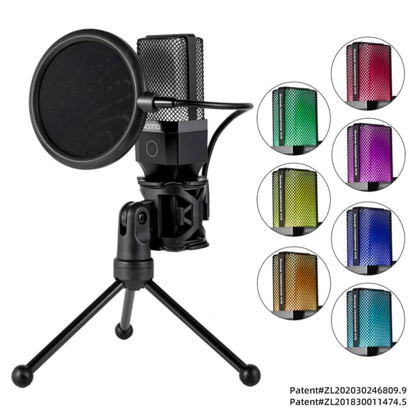 Sort skrivebordsmikrofon med RGB-belysning og USB-C-adapter