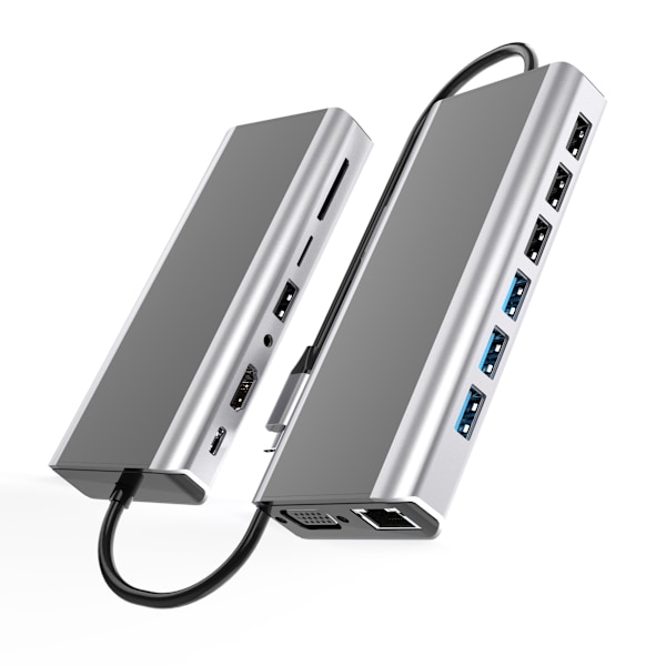 15-in-1 USB-C Hub -monitoimiadapteri HDMI:llä, VGA:lla, Ethernetillä ja SD/TF-kortinlukijalla