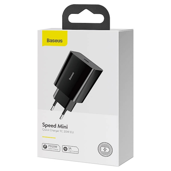 Baseus Speed Mini snabbladdare, USB-C, PD, 3A, 20W (svart)