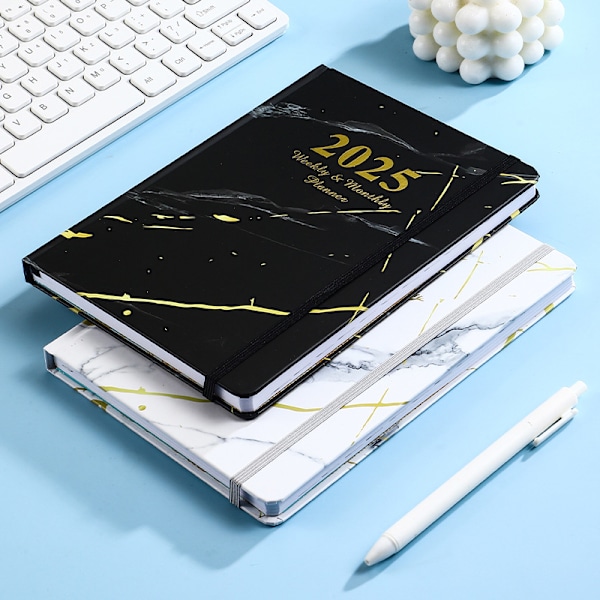 2025 Marble Diary - Elastinen suljin - A5 koko Musta
