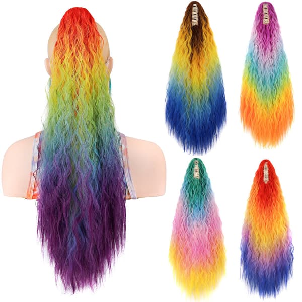 Färgglad Gradient Hästsvans Peruk - Högtemperaturfiber Hårförlängning för Kvinnor