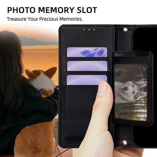 iPhone 15 Plus -puhelimen suojakotelo, jossa korttipaikat ja jalusta