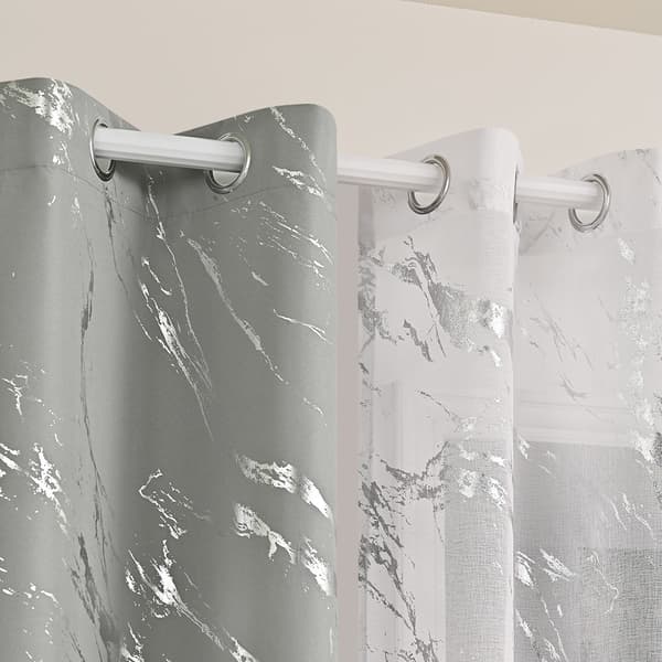 132x213cm Varm Silver Prägling Mörkläggningsgardin Set - Marmortryck, Ljusblockering för Vardagsrum & Sovrum Silver+White Silver+White