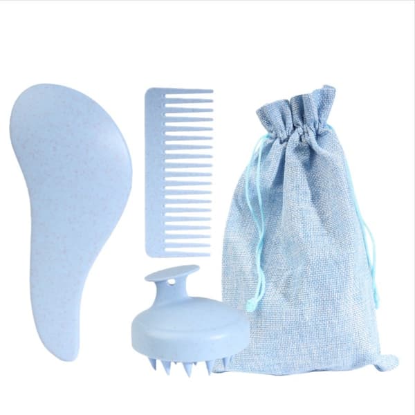 Vete Halm Hårborste 3-Dels Set - Hårbotten Massage & Hårvård Blue Blue