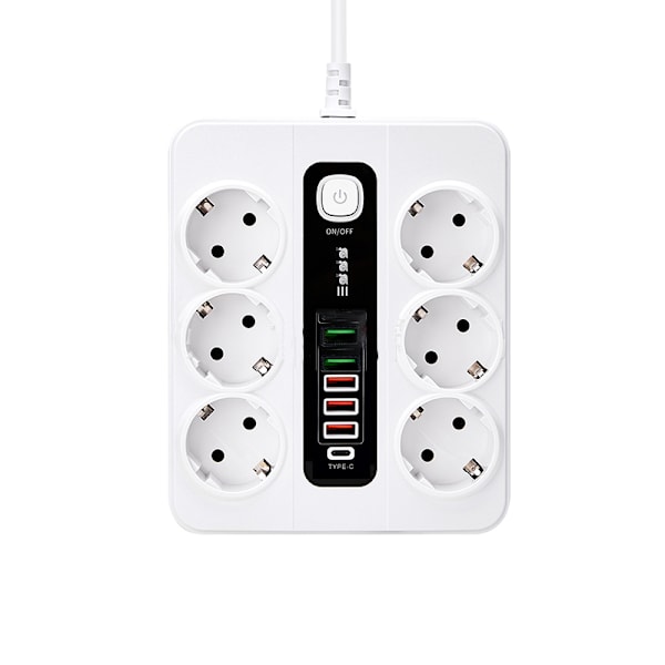 EU 6-stik, 5 USB-porte, 1 USB-C-port Hvid