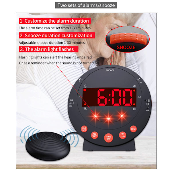 Vækkeur med bed shaker Sort