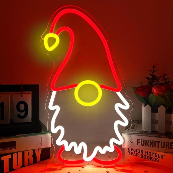 LED Neon Skylt - Tomte med Tomteluva 40x22cm, USB-driven Dekorativ Lampa