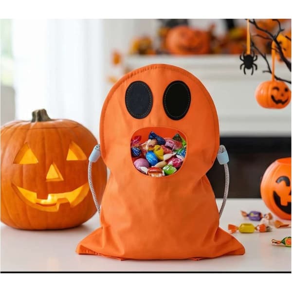 Halloween-makeiskassi lapsille, oranssi kangaskassi haamukuviolla, 29.8 x 41.9 cm