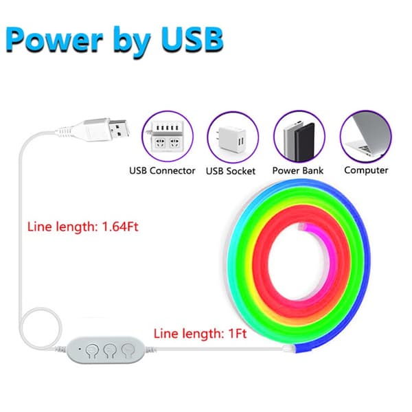 3M USB Neon LED-nauha - 60 LEDiä/M, Bluetooth-ohjaus, 3-näppäin, kiinnitysklipsit