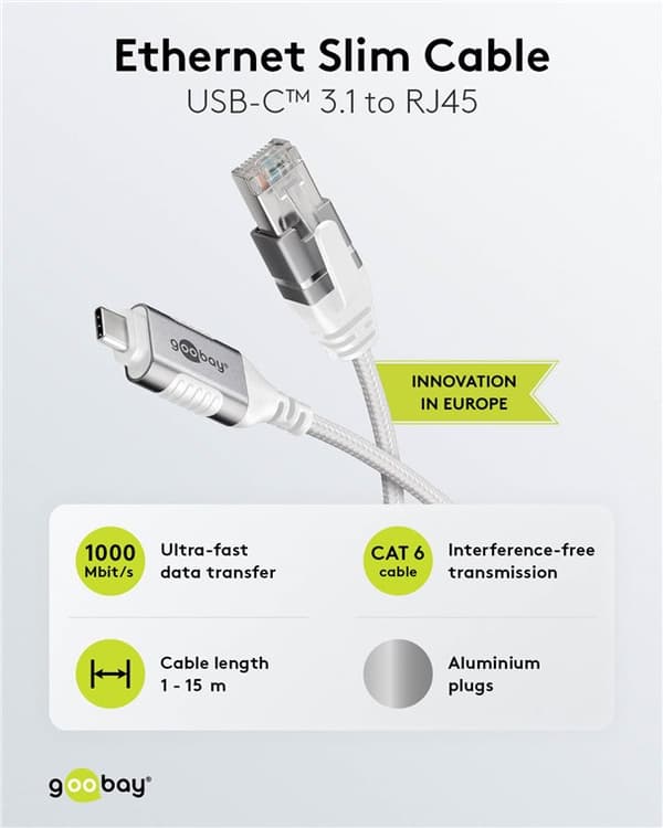 Ethernet-kaapeli USB-C™ 3.1 - RJ45, ohut, 1,5 m