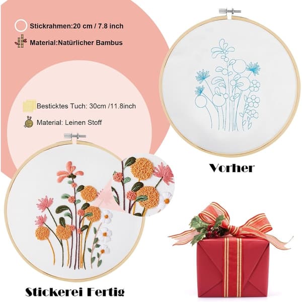 DIY Handbroderi Startpaket - 3 Set med Blommönster, Båge och Verktyg