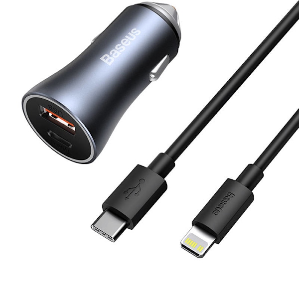 Ładowarka samochodowa Baseus Golden Contactor Pro, USB + USB-C, QC4.0+, PD, SCP, 40W (szara) + kabel USB-C till iP 1m (t
