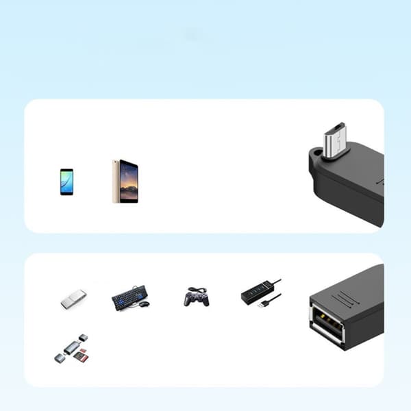 USB-A hona till Micro-B hane OTG-adapter med 90° vinkel och nyckelring, 4-pack, ABS svart, stöder 5V/1A laddning och USB 2.0 dataöverföring