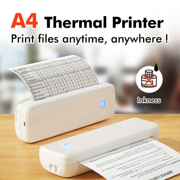 Bärbar A4 bläckfri termisk skrivare med Bluetooth och USB, uppladdningsbart polymerbatteri, kompatibel med iOS, Android och Windows, stöder 2.0 inch t White