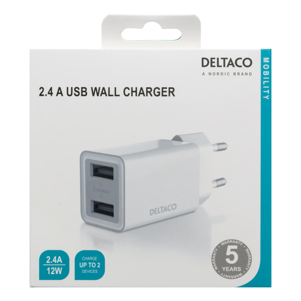 USB wall charger, 2x USB-A, 2.4 A, total 12 W, white